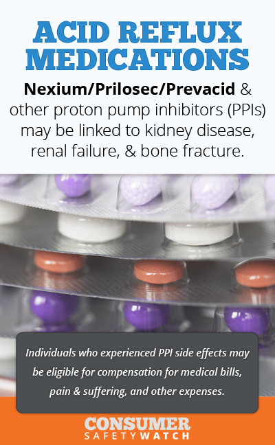 Acid Reflux medications Nexium/Prilosec/Prevacid & other proton pump inhibitors (PPIs) may be linked to kidney disease, renal failure, & bone fracture. // Consumer Safety Watch