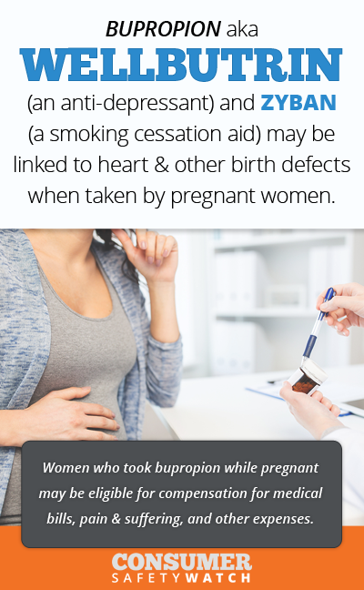 Bupropion aka Wellbutrin (an anti-depressant) and Zyban (a smoking cessation aid) may be linked to heart & other birth defects when taken by pregnant women. // Consumer Safety Watch